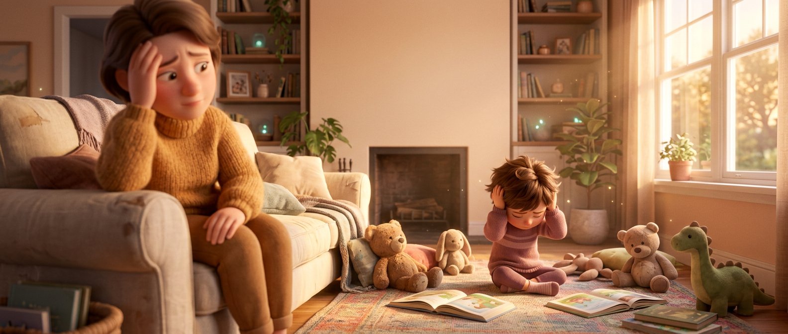 A tired parent and child in the same room, gently disconnected
