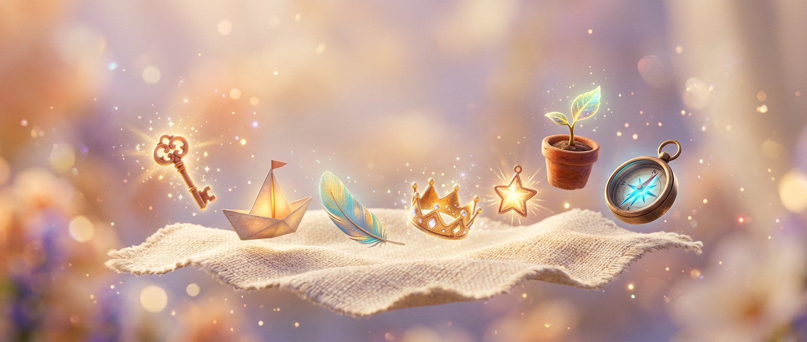 Magical storybook objects floating - keys, crowns, paper boats, compasses