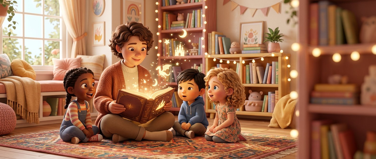 A caregiver sharing a magical glowing storybook with three enchanted children